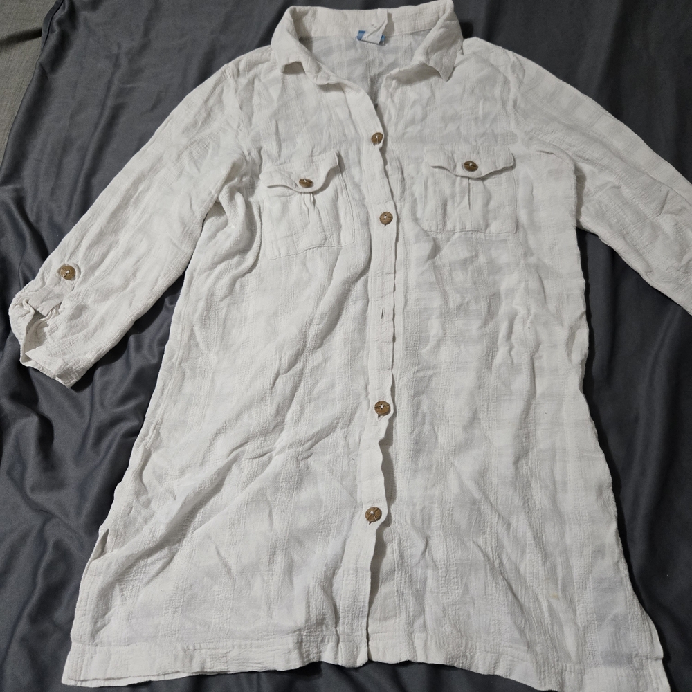 Dotti White On Island Time Long Sleeve Button Front Shirt Size L Swim Cover-up